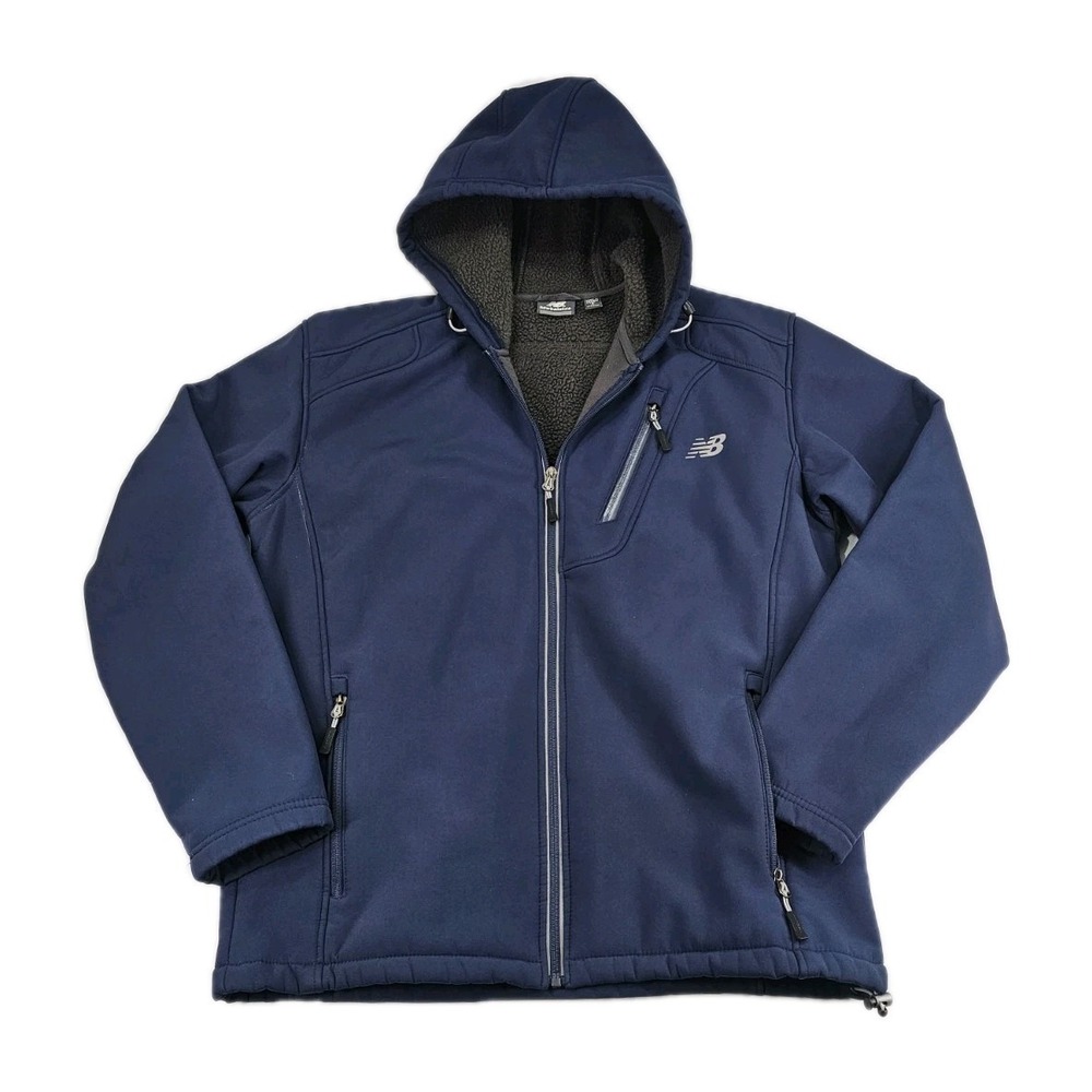 New Balance Mens Small Full Zip Lightweight Coat Fleece Lined Blue Hooded Jacket